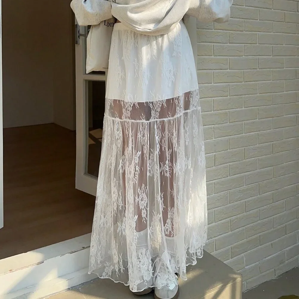 White Elegant Women's Elastic Waist Lace Patchwork Maxi A-Line Skirt - Picture 1 of 7